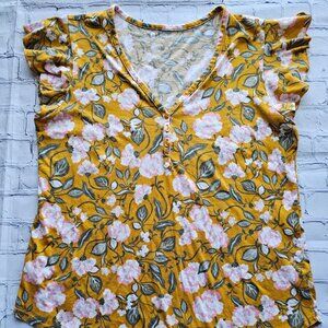 LOFT Outlet Floral Ruffle Sleeve Henley Top Mustard Pink Flowers Women’s M